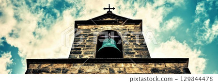 Church Bell Tower Stone Architecture Blue Sky Cloudscape Peaceful Tranquil Religious Faith 129844478