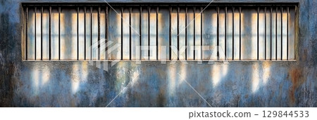Rustic Blue Wall Window with Metal Bars Sunlight Texture Background old art aged grey iron dark 129844533
