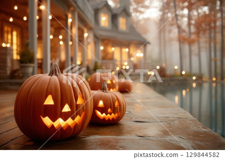 Delightful Halloween Pumpkins Decorated Around a Cozy Autumn Home, Ready for Celebration 129844582