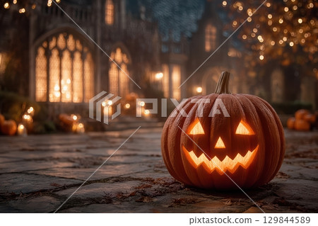 Charming and Spooky Halloween Pumpkin with Glowing Face Illuminated at Night Time 129844589