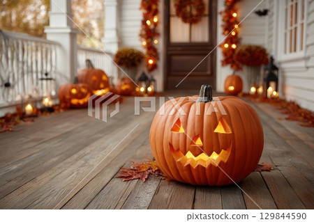 Celebrate Halloween with crafted JackoLanterns and vibrant autumn leaves for warmth 129844590