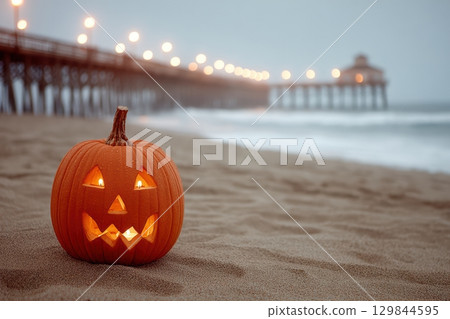 A Spooky JackoLantern sits by the Beach at Twilight, creating an eerie yet festive atmosphere 129844595