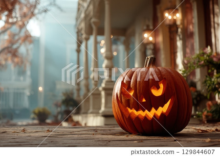 A Spooky Halloween Pumpkin, adorned with a Mischievous Grin, adds charm to autumn festivities 129844607