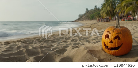 A Smiling Pumpkin on the Beach During a Colorful Halloween Celebration for Everyone 129844620
