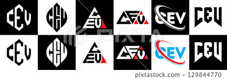 CEV letter logo design in six style. CEV polygon, circle, triangle, hexagon, flat and simple style with black and white color variation letter logo set in one artboard. CEV minimalist and classic logo 129844770