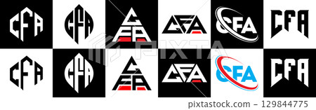 CFA letter logo design in six style. CFA polygon, circle, triangle, hexagon, flat and simple style with black and white color variation letter logo set in one artboard. CFA minimalist and classic logo 129844775