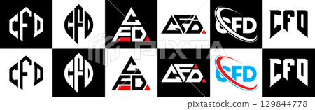 CFD letter logo design in six style. CFD polygon, circle, triangle, hexagon, flat and simple style with black and white color variation letter logo set in one artboard. CFD minimalist and classic logo 129844778