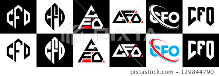 CFO letter logo design in six style. CFO polygon, circle, triangle, hexagon, flat and simple style with black and white color variation letter logo set in one artboard. CFO minimalist and classic logo CFO letter logo design in six style. CFO polygon, circle, triangle, hexagon, flat and simple style with black and white color variation letter logo set in one artboard. CFO minimalist and classic logo 129844790
