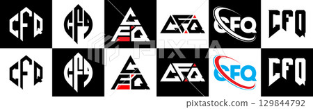 CFQ letter logo design in six style. CFQ polygon, circle, triangle, hexagon, flat and simple style with black and white color variation letter logo set in one artboard. CFQ minimalist and classic logo 129844792