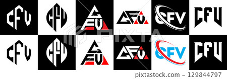 CFV letter logo design in six style. CFV polygon, circle, triangle, hexagon, flat and simple style with black and white color variation letter logo set in one artboard. CFV minimalist and classic logo CFV letter logo design in six style. CFV polygon, circle, triangle, hexagon, flat and simple style with black and white color variation letter logo set in one artboard. CFV minimalist and classic logo 129844797