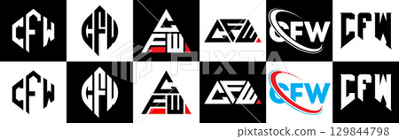 CFW letter logo design in six style. CFW polygon, circle, triangle, hexagon, flat and simple style with black and white color variation letter logo set in one artboard. CFW minimalist and classic logo CFW letter logo design in six style. CFW polygon, circle, triangle, hexagon, flat and simple style with black and white color variation letter logo set in one artboard. CFW minimalist and classic logo 129844798