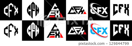 CFX letter logo design in six style. CFX polygon, circle, triangle, hexagon, flat and simple style with black and white color variation letter logo set in one artboard. CFX minimalist and classic logo 129844799