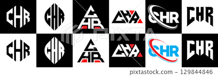 CHR letter logo design in six style. CHR polygon, circle, triangle, hexagon, flat and simple style with black and white color variation letter logo set in one artboard. CHR minimalist and classic logo 129844846