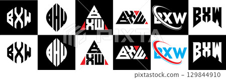 BXW letter logo design in six style. BXW polygon, circle, triangle, hexagon, flat and simple style with black and white color variation letter logo set in one artboard. BXW minimalist and classic logo 129844910