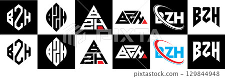 BZH letter logo design in six style. BZH polygon, circle, triangle, hexagon, flat and simple style with black and white color variation letter logo set in one artboard. BZH minimalist and classic logo 129844948