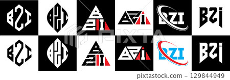 BZI letter logo design in six style. BZI polygon, circle, triangle, hexagon, flat and simple style with black and white color variation letter logo set in one artboard. BZI minimalist and classic logo 129844949