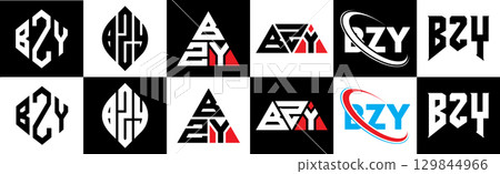 BZY letter logo design in six style. BZY polygon, circle, triangle, hexagon, flat and simple style with black and white color variation letter logo set in one artboard. BZY minimalist and classic logo 129844966