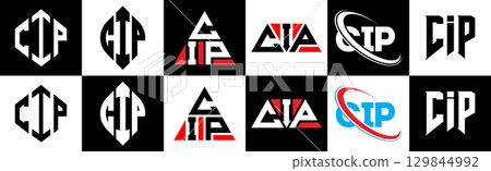 CIP letter logo design in six style. CIP polygon, circle, triangle, hexagon, flat and simple style with black and white color variation letter logo set in one artboard. CIP minimalist and classic logo 129844992