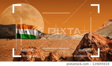 Indian flag on asteroid, satellite or planet landscape. Cosmos discover expedition. 129845019