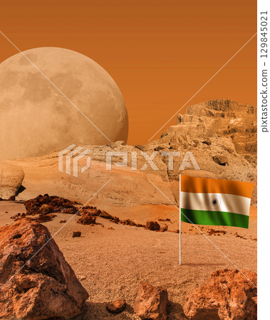 Indian flag on red planet ground. Cosmos discover expedition. 129845021
