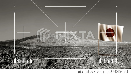 Japanese flag on satellite, planet or asteroid surface. Cosmos discover expedition 129845023