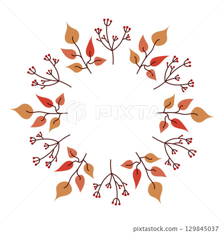 Round autumn wreath with leaves and berries. Perfect for postcards, invitations, greeting cards, decor, and seasonal design. Hand drawn flat style vector illustration Round autumn wreath with leaves and berries. Perfect for postcards, invitations, greeting cards, decor, and seasonal design. Hand drawn flat style vector illustration 129845037