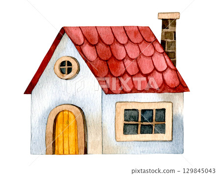 house, cute watercolor drawing. illustration for kids, cartoon house, cute watercolor drawing. illustration for kids, cartoon 129845043
