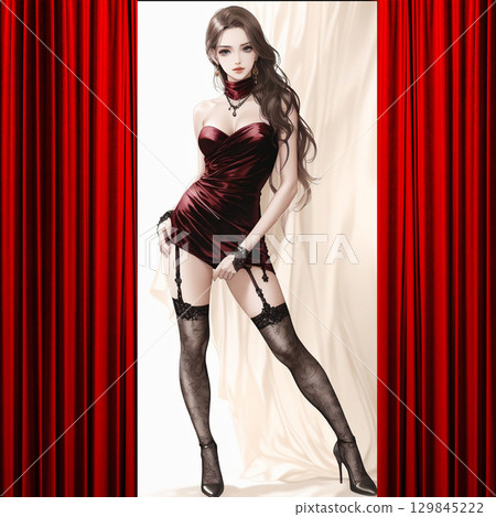 紅色舞台幕布和人物AI生成素材 129845222