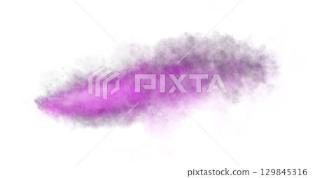Thick violet exhaust smoke cloud trail isolated on black background from aircraft or vehicle with combustion engine 129845316