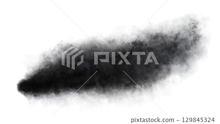 Thick black exhaust smoke cloud trail isolated from aircraft or vehicle with combustion engine 129845324