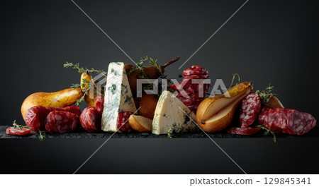 Blue cheese, dry-cured sausages, thyme and pears on a black background. 129845341