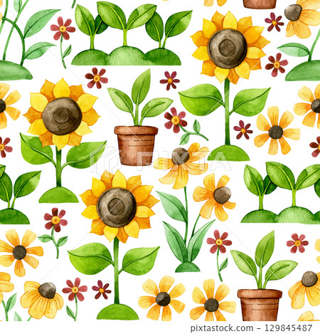 seamless pattern of sunflowers and autumn flowers watercolor drawing. illustration for children, cartoon seamless pattern of sunflowers and autumn flowers watercolor drawing. illustration for children, cartoon 129845487