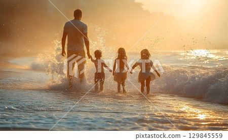 Sun-Kissed Joy, Father and Children Splashing in Ocean Waves at Sunset 129845559