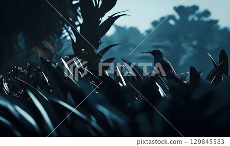 Serene Blue Hummingbird Among Foliage with Soft Light in a Jungle 129845583