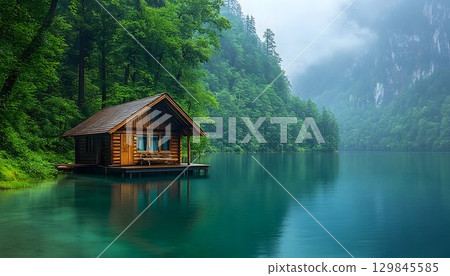 Secluded cabin retreat at the edge of a pristine alpine lake landscape 129845585