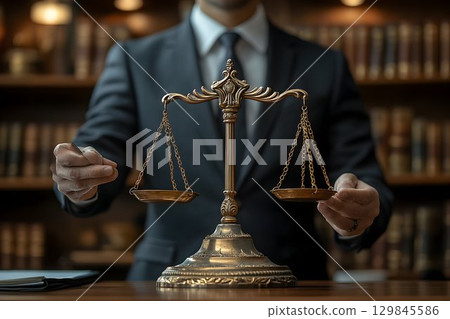 Lawyer Holding Scales of Justice in a Sophisticated Library Ambience 129845586