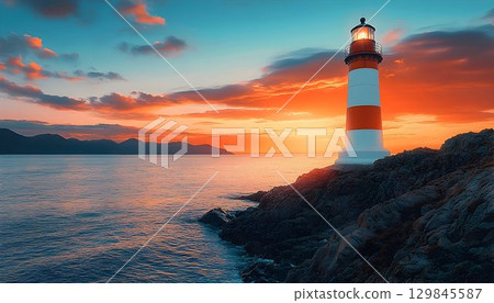 Coastal Beacon Illuminating Twilight, Tranquil Waters, and Mountain Skyline 129845587