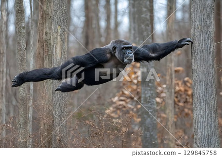 Magnificent gorilla mid-flight gracefully soars between woodland trees 129845758