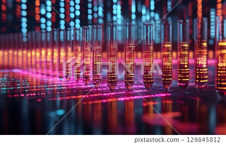Abstract Data Analysis with Test Tubes and Glowing Information Grid 129845812