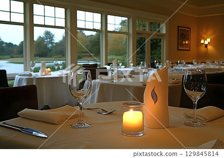 Elegant Restaurant Table Setting with Candlelight and Scenic Window View 129845814