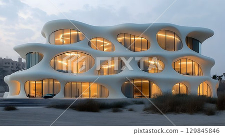 Architectural wonder, A futuristic building with flowing lines and organic design Architectural wonder, A futuristic building with flowing lines and organic design 129845846