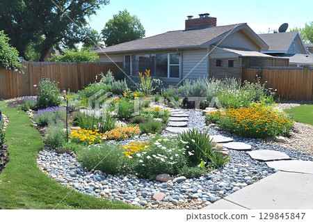 Vibrant floral display complements charming suburban home exterior 129845847