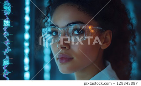 Portrait of female scientist in protective eyewear observing data display Portrait of female scientist in protective eyewear observing data display 129845887