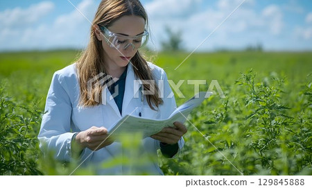 Female scientist in lab coat analyzing data in a vibrant green agricultural field 129845888