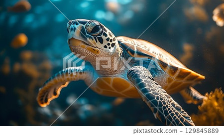 Graceful Sea Turtle Drifting Through Tropical Waters with Natural Warm Lighting Graceful Sea Turtle Drifting Through Tropical Waters with Natural Warm Lighting 129845889
