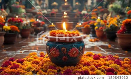 Ceremonial offering with marigolds and a flickering candle for rituals 129845910
