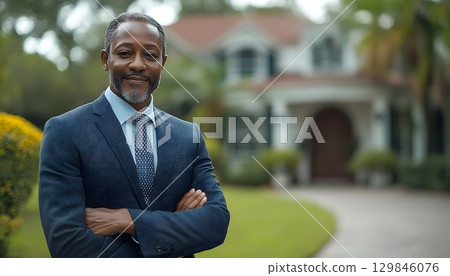 Confident African American Man in Suit Standing in Front of Upscale Home 129846076