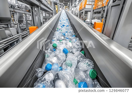 Automated sorting line of plastic water bottles for recycling processing plant 129846077
