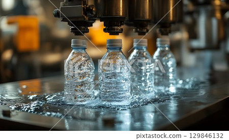 Automated filling process of plastic water bottles in a production line Automated filling process of plastic water bottles in a production line 129846132