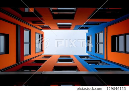 Vibrant Architecture: A Low Angle View of Colorful Buildings Framing the Sky Vibrant Architecture: A Low Angle View of Colorful Buildings Framing the Sky 129846133
